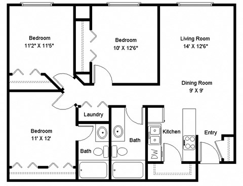 Floor plan for 3 beds, 2 baths, 1148 sqft